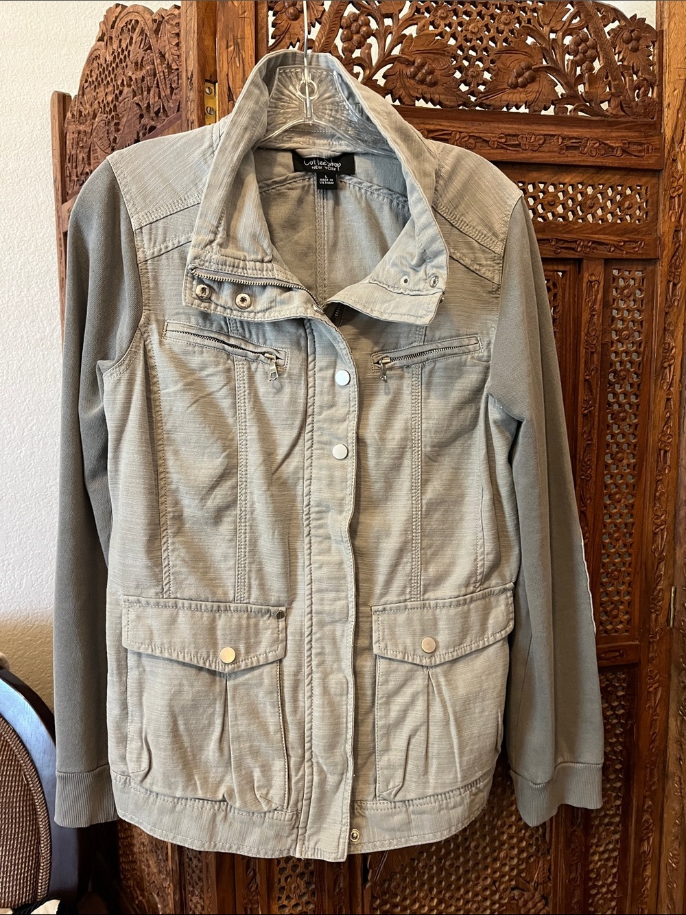 CoffeeShop Light Gray Utility Jacket with Snap & Zip Front